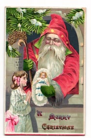 Embossed Santa Claus Giving Doll to Girl, "A Merry Christmas" Greeting Postcard, 1911 Postmark