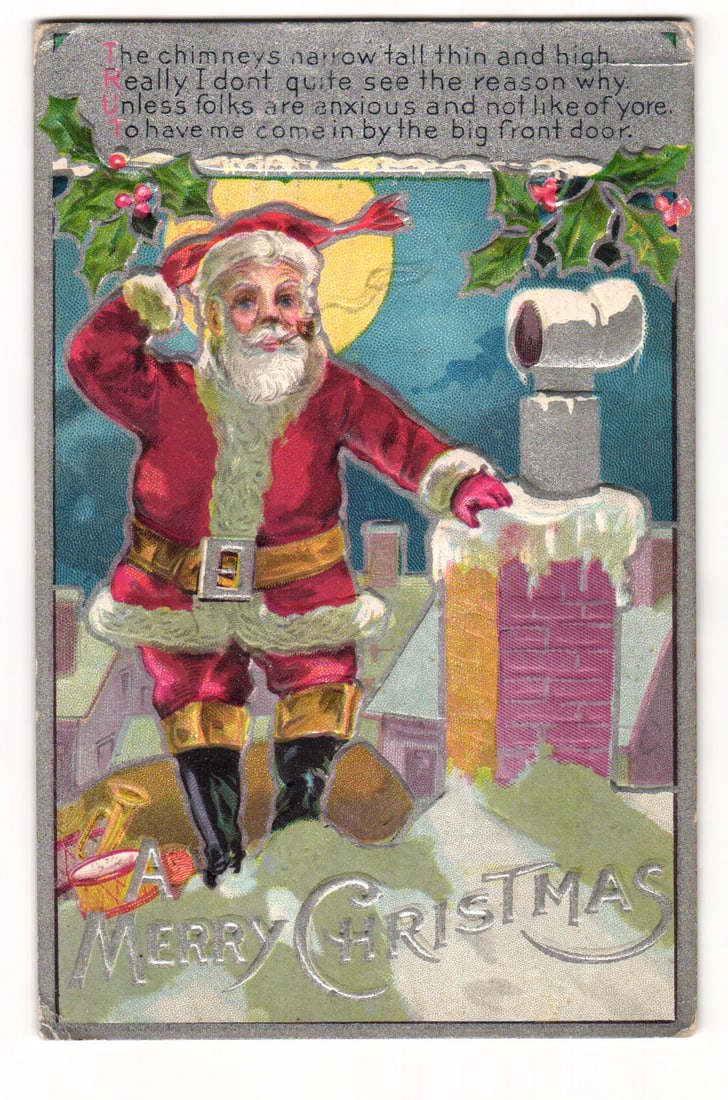 Embossed Santa Claus on Rooftop, Chimney Poem, Kris Kringle Series No I Christmas postcard (1 of 2)