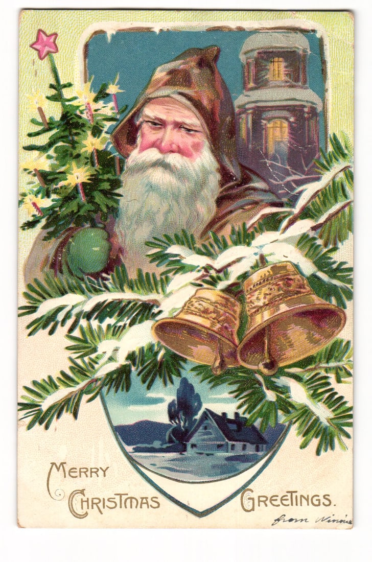 Santa Claus with Christmas Tree & Bells, Raphael Tuck 'Christmas Post Cards' Series 102 Postcard (1 of 2)