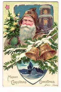 Santa Claus with Christmas Tree & Bells, Raphael Tuck 'Christmas Post Cards' Series 102 Postcard: A chromolithograph postcard featuring a central illustration of Santa Claus with a white beard and rosy cheeks, wearing a brown, fur-trimmed hood and cloak. To his left is a Christmas tree decorated w