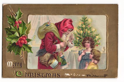 Antique Christmas Postcard: Santa Claus, Children, Tree, Embossed Gold Border, Taunton 1909