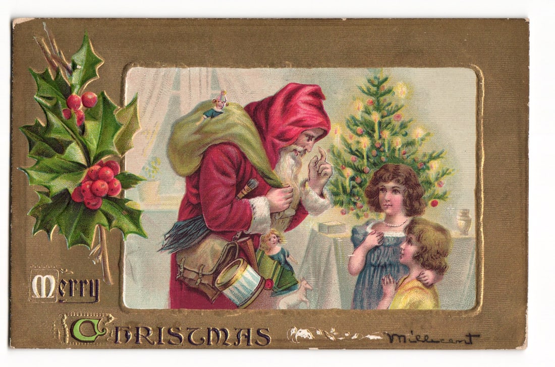 Antique Christmas Postcard: Santa Claus, Children, Tree, Embossed Gold Border, Taunton 1909 (1 of 2)