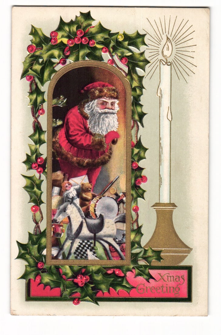 Embossed Christmas Postcard: Santa Claus in Holly Frame with Toys & Candle, "Xmas Greeting" (1 of 2)