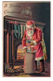 Antique "A Merry Christmas" Postcard: Santa Claus with Toys by Fireplace, circa early 1900s