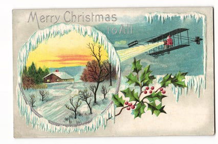 Embossed Merry Christmas Postcard: Early Biplane with Santa, Snowy Landscape Vignette, Holly