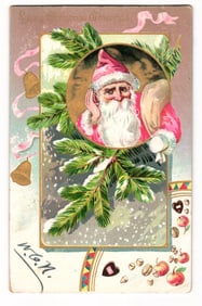 Early 20th C. Christmas Postcard: Santa Claus, Pine Boughs, Bells, "Loving Christmas Greetings"