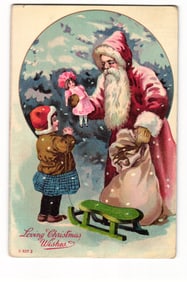 Christmas Postcard: Santa Claus Presents Doll to Child, Sled in Snow, "Loving Christmas Wishes"