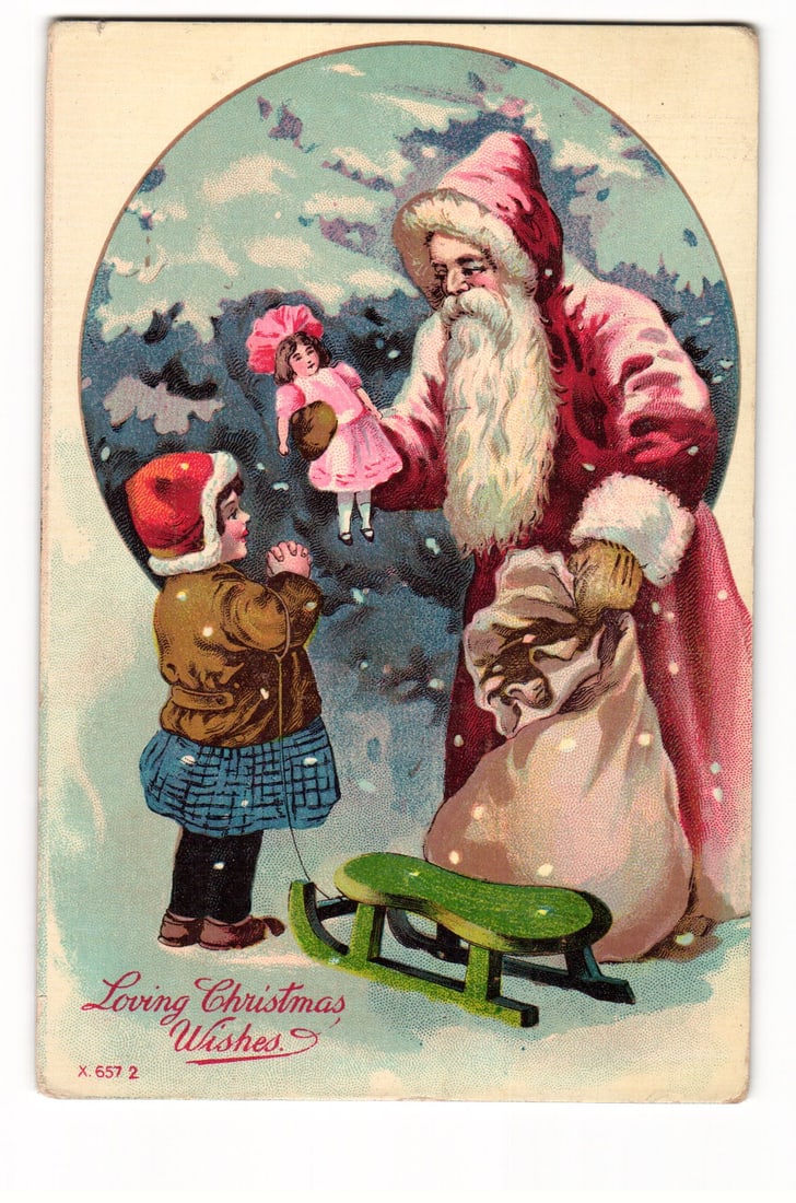 Christmas Postcard: Santa Claus Presents Doll to Child, Sled in Snow, "Loving Christmas Wishes" (1 of 2)