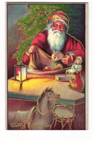 Vintage Christmas Postcard: Santa Claus with Toys and Tree, Gold Embossed, Mailed 1910 Mass.