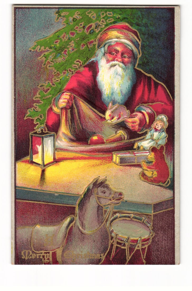 Vintage Christmas Postcard: Santa Claus with Toys and Tree, Gold Embossed, Mailed 1910 Mass. (1 of 2)