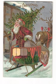 A Merry Christmas Santa Claus with Sleigh & Reindeer Embossed Early 20th Century Postcard
