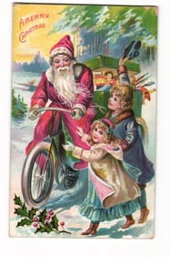 Vintage Christmas Postcard: Santa Claus on Bicycle with Children, Presents, Early 20th Century