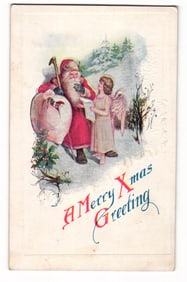 Embossed Santa Claus & Angel "A Merry Xmas Greeting" Early 20th Century Christmas Postcard