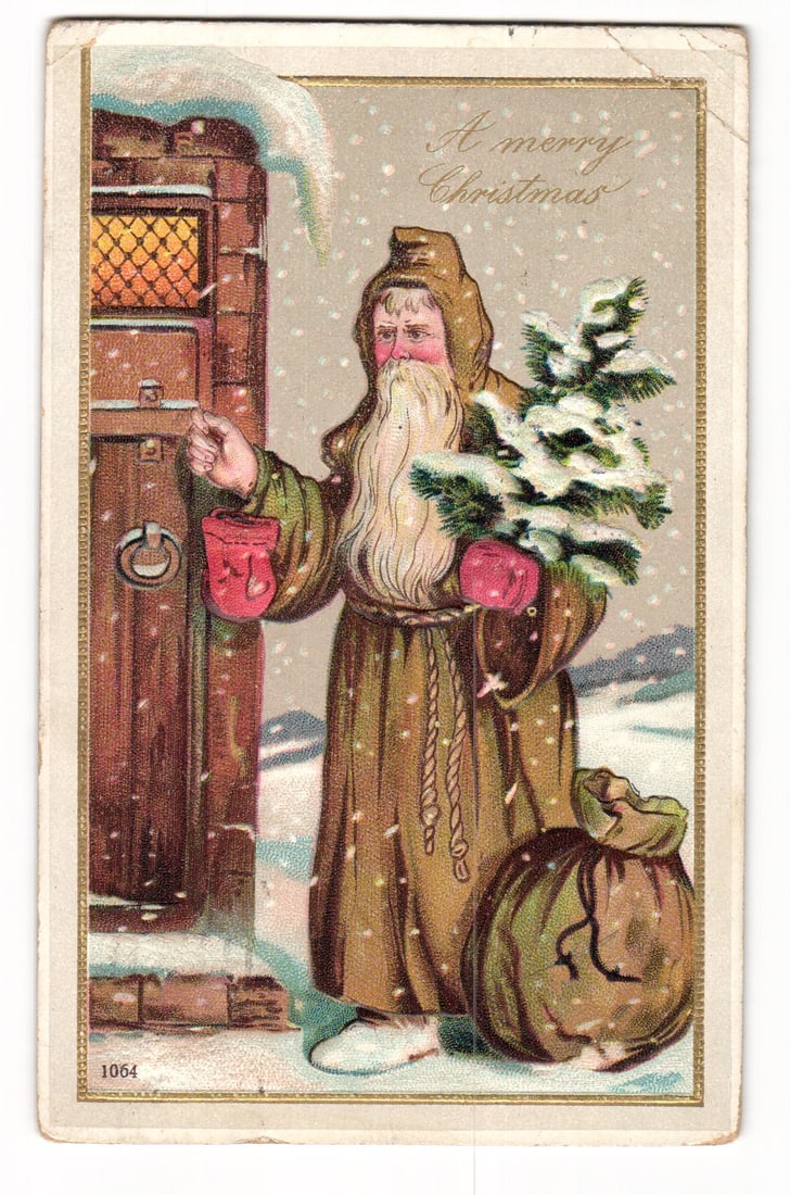 Embossed Christmas Postcard: Santa Claus with Tree at Door, Glitter Accents, Mailed 1910 (1 of 2)