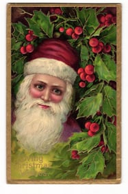 Vintage Christmas Postcard: Santa Claus Surrounded by Holly, Early 20th Century Embossed Card