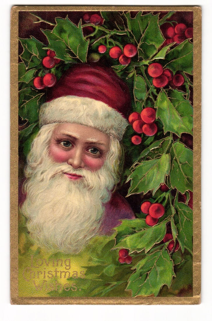Vintage Christmas Postcard: Santa Claus Surrounded by Holly, Early 20th Century Embossed Card (1 of 2)