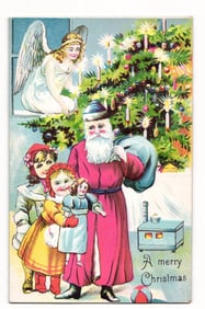 Embossed Christmas Postcard: Santa Claus, Children, Angel, Tree. Made in Germany. Serie 76 R8