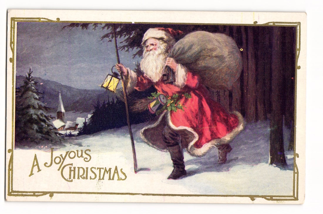 Vintage Christmas Postcard: Santa Claus with Lantern and Sack in Snowy Forest, "A Joyous Christmas" (1 of 2)