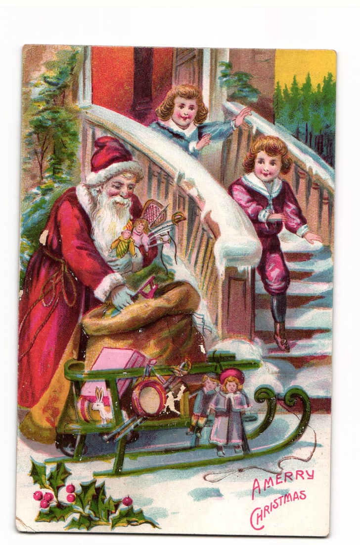 Embossed Christmas Postcard: Santa Claus with Sled of Toys & Children on Snowy Stairs, Saxony (1 of 2)