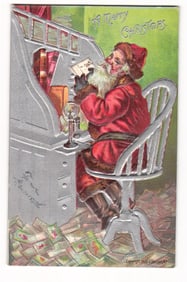 Embossed Christmas Postcard: Santa Claus at Roll-Top Desk with Letters, Copyright 1908 Sanders NY