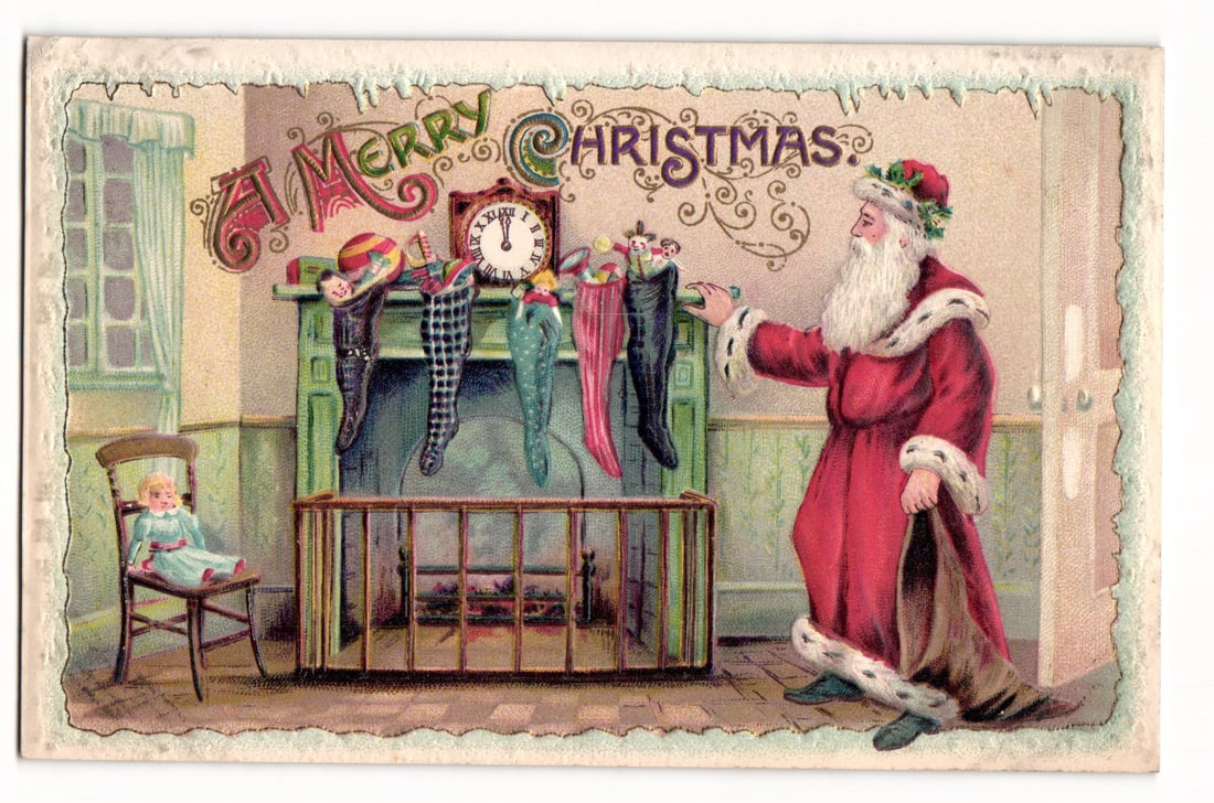Embossed Santa Claus by Fireplace with Christmas Stockings, German Printed Postcard, c. 1900s: The chromolithograph illustration depicts Santa Claus in a red suit with white fur trim and a holly wreath on his head, holding a brown sack and gesturing towards a fireplace. Five Christmas stockings