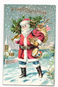 Embossed Christmas Postcard: Santa Claus with Toy Soldier, US Flag, Tree Branch, 1911 Postmark