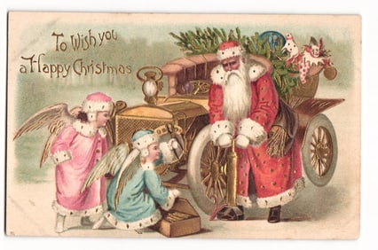 Tuck's Christmas Postcard C.304: Santa Claus with Angels, Early Automobile Flat Tire Scene