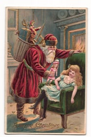 Vintage Christmas Postcard: Santa Claus Presents Doll to Sleeping Girl by Fireplace, Embossed