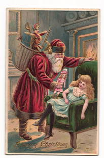 Vintage Christmas Postcard: Santa Claus Presents Doll to Sleeping Girl by Fireplace, Embossed: A color illustration depicting Santa Claus in a red, fur-trimmed robe and hat, with a white beard and a green and gold patterned sash. He carries a wicker basket on his back filled with toys, includin