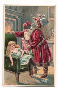 Embossed Christmas Postcard: Santa Claus with Toys & Sleeping Girl by Fireplace, Albany NY 1908