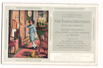 The Temple Brothers Artistic Memorials Advertising Postcard, Little Boy Blue, Rutland VT 1914