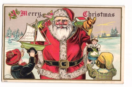 Embossed Santa Claus with Children & Toys, "A Merry Christmas" Postcard, Reinthal & Newman