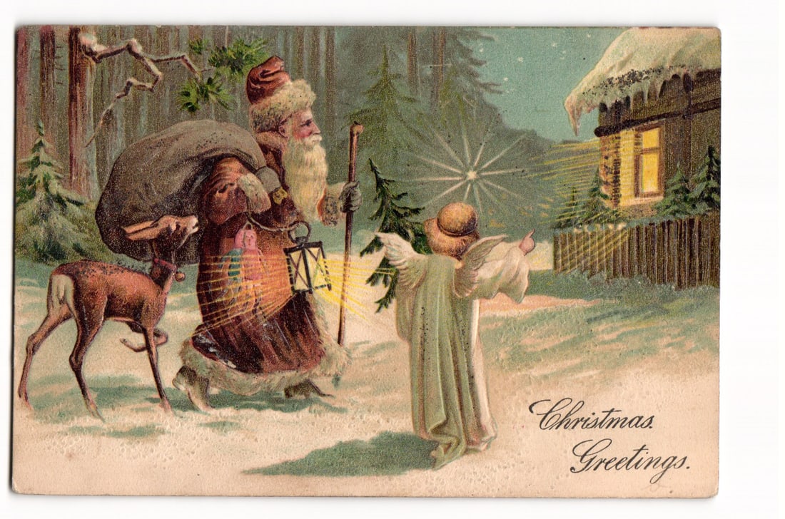 Vintage Christmas Postcard: Santa with Reindeer & Angel, Goldtiefdruck Relief, Hartford 1906 (1 of 2)