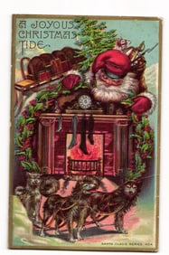 "A Joyous Christmas Tide" Embossed Santa Claus, Sleigh Dogs, Fireplace Postcard, Conn. 1913