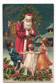 Embossed Christmas postcard with Santa Claus, children playing, snowy scene, Wakefield Mass. 1909