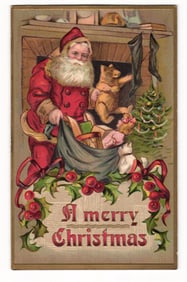 Embossed Postcard: Santa Claus with Toy Sack, Christmas Tree, "A merry Christmas", 1910 COLO