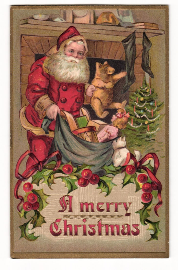 Embossed Postcard: Santa Claus with Toy Sack, Christmas Tree, "A merry Christmas", 1910 COLO (1 of 2)