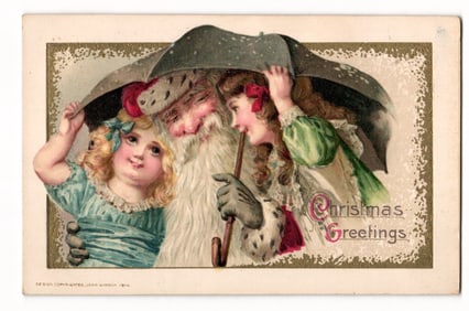 John Winsch 1914 Christmas Greetings Postcard: Santa Claus & Two Girls Under an Umbrella