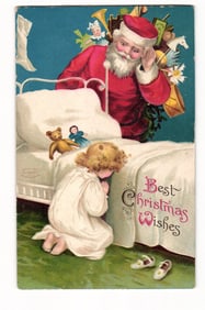 Christmas Wishes Santa Claus & Child Praying International Art Publ. Co. Embossed Postcard