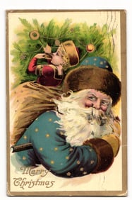 Christmas Postcard: Santa Claus in Blue Coat, Child with Horn, Tree, Embossed, circa 1911