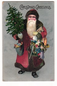 Christmas Greetings Santa Claus with Decorated Tree & Toys, Albany NY Postmark 1908 Postcard