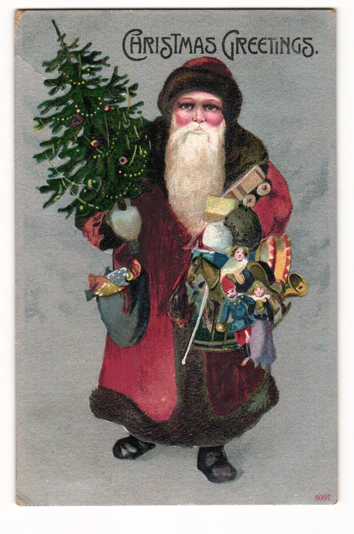 Christmas Greetings Santa Claus with Decorated Tree & Toys, Albany NY Postmark 1908 Postcard (1 of 2)