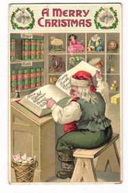 Antique Christmas Postcard: Santa Claus at Desk with Book of Names & Toys, 1908 Postmark