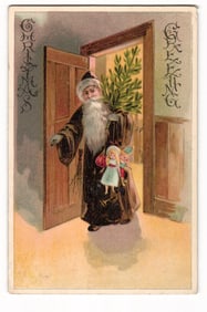 Christmas Greeting Postcard: Santa Claus in Doorway with Toys and Tree, Newburgh NY 1908