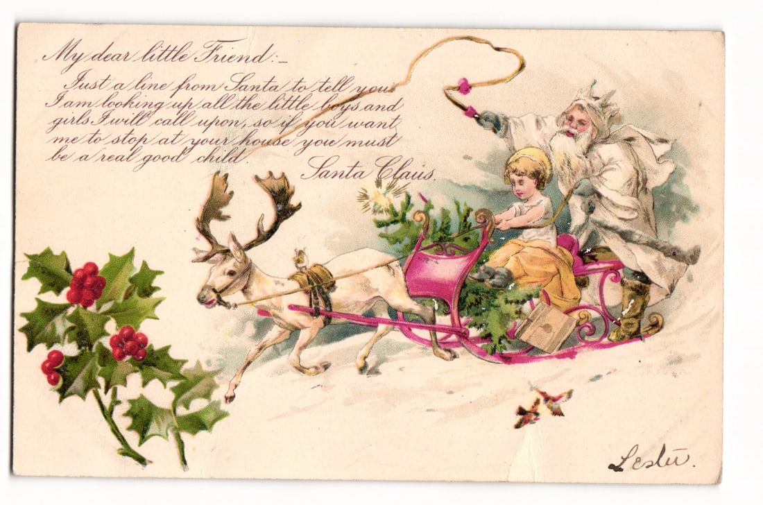 Vintage Christmas Postcard: Santa in Reindeer Sleigh, Child, Holly, Message from Santa Claus (1 of 2)