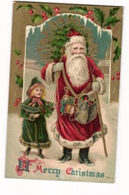Embossed Christmas Postcard: Santa Claus and Child with Tree, Pelham VT Postmark, 1910