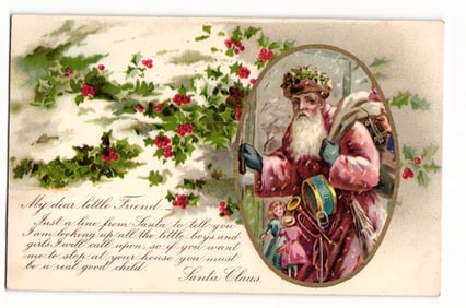 Santa Claus with Toys and Holly, Vintage Postcard, Postmarked Biddeford, ME, Dec 17, 1906
