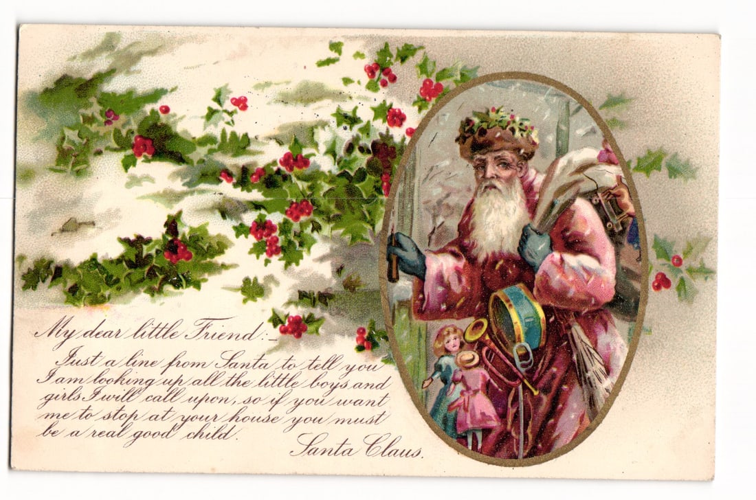 Santa Claus with Toys and Holly, Vintage Postcard, Postmarked Biddeford, ME, Dec 17, 1906 (1 of 2)