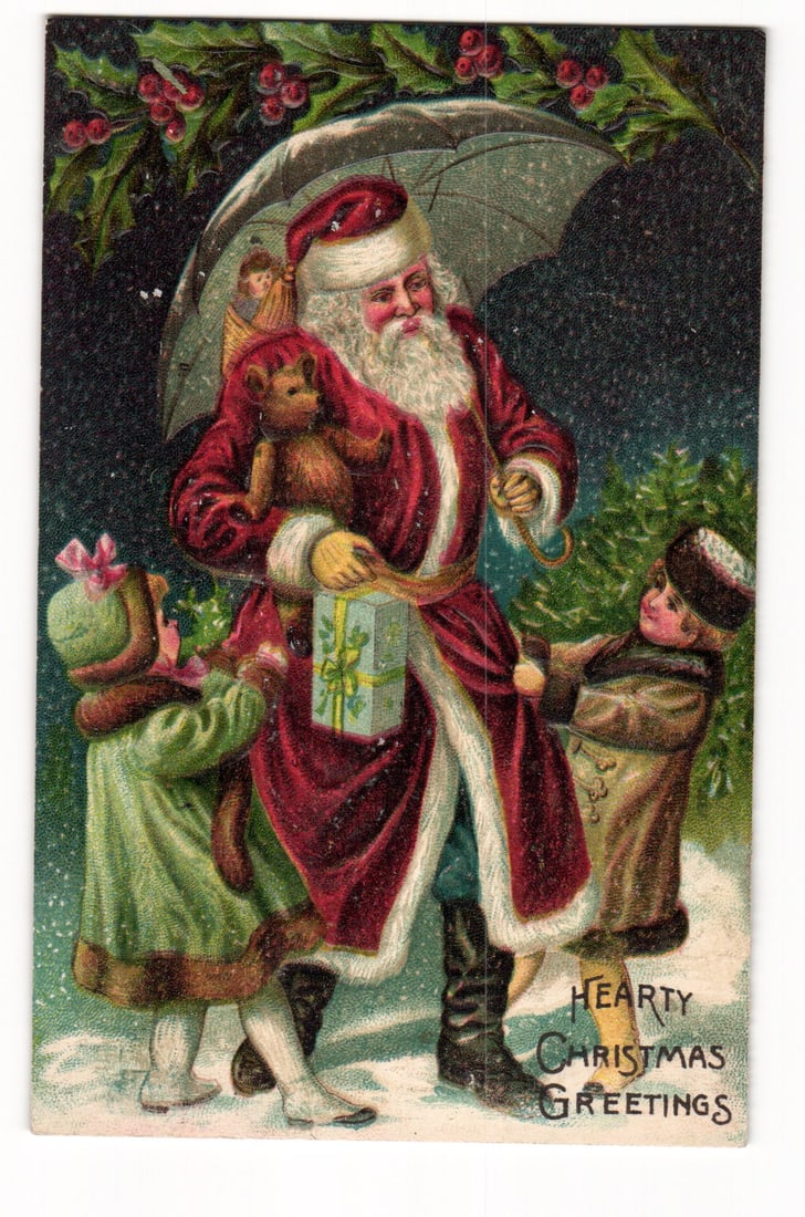 Christmas Postcard: Santa Claus with Umbrella & Children, Manorkill N.Y. 1909 Postmark (1 of 2)