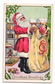 Embossed Christmas Greetings Postcard: Santa Claus with Toy Sack, Toys, Early 20th Century